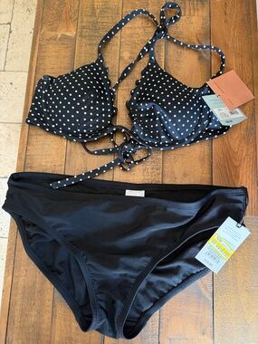 Polka Dot Black Bikini Top with Solid Black Bottom , top size 34C, bikini size